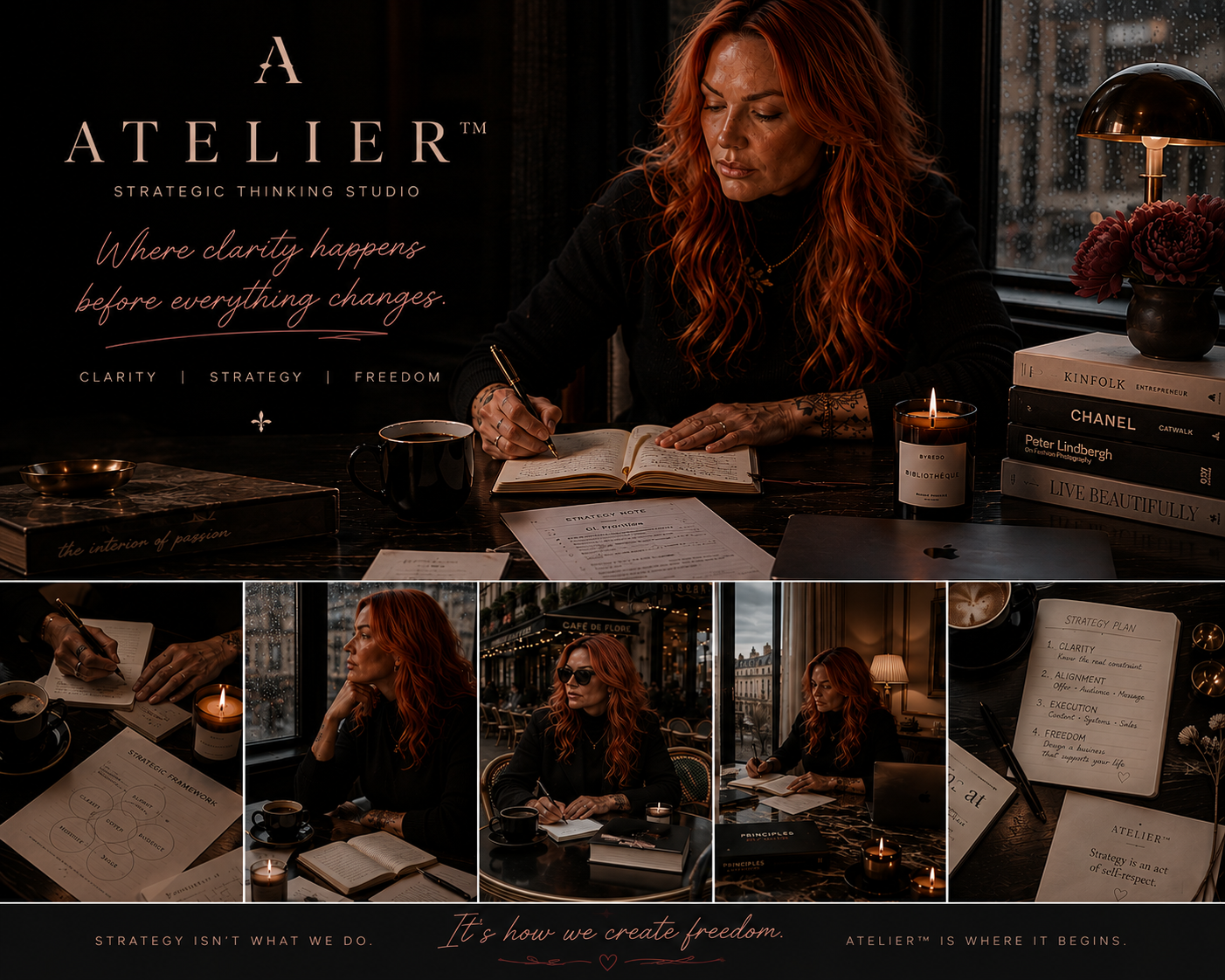 Atelier™ strategic thinking studio — editorial collage of strategy notes, coffee, candlelight and Parisian café thinking
